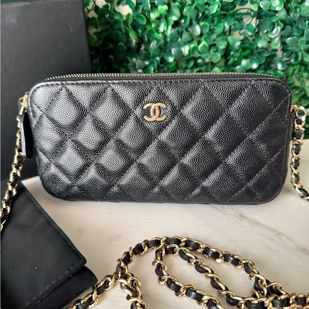 Chanel Black Caviar Quilted Double Zip Clutch with Chain Crossbody Bag Authentic